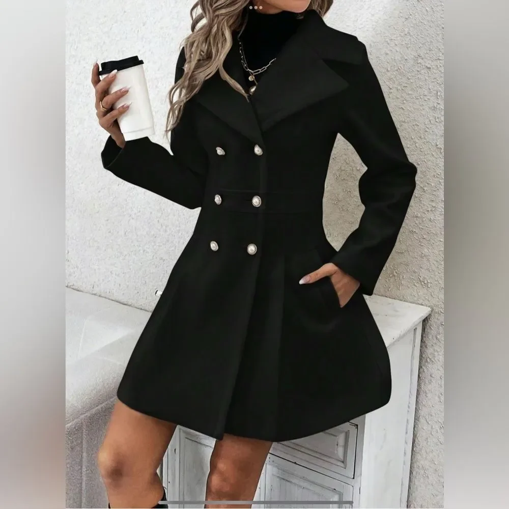 SZ XXL TIKTOK VIRAL OVERCOAT Elegant Black Double-Breasted Women's Coat - Picture 1 of 6
